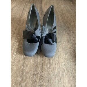 Ann Marino Gray Herringbone High Heel Shoes with Black Bow Size 7.5 Dance 20s